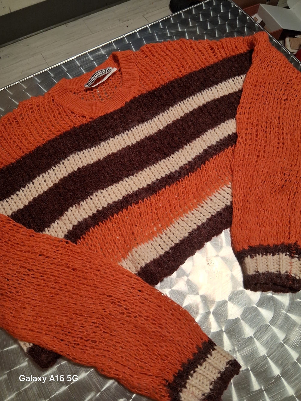Kimchi Blue Orange Striped Crewneck Sweater with Brown & Cream Bands